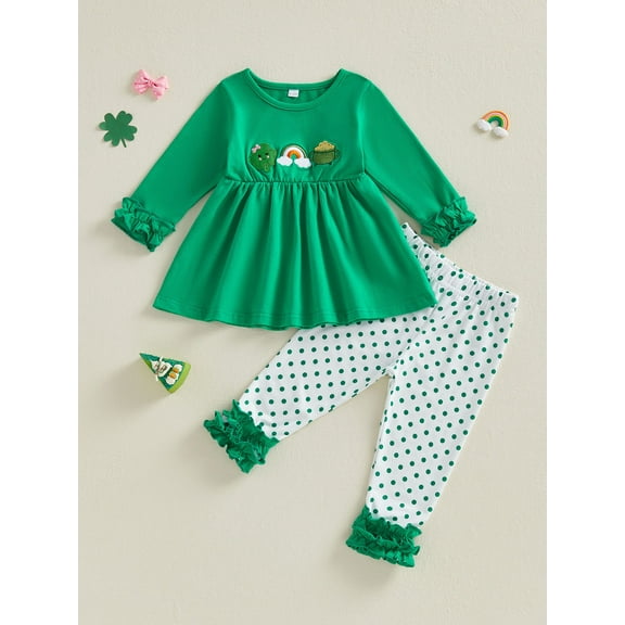 Loicainy Toddler Baby Girl Irish Outfits 6 12 18 24 Months 2T 3T 4T Shamrock Rainbow Embroidery Long Sleeve Round Neck Dress Tops   Dot Pants 2 Pcs Clothes Set