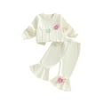 thumbnail image 1 of Loicainy Toddler Baby Girl Spring Fall Outfit 6 12 18 24 Months 2T 3T 4T Long Sleeve Crew Neck 3D Crochet Flower Decor Sweatshirt and Bell Bottom Pants Clothes Set, 1 of 9