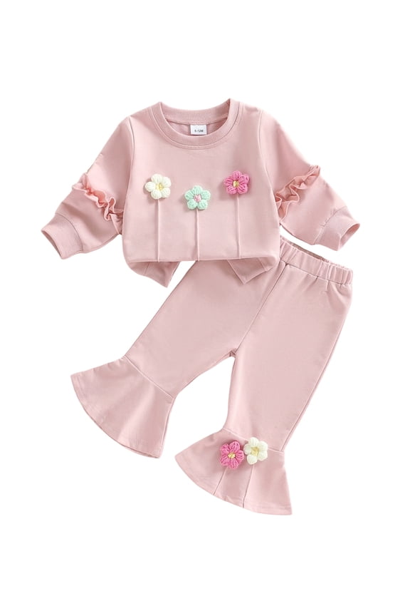 Toddler Baby Girl Spring Fall Outfit 6 12 18 24 Months 2T 3T 4T Long Sleeve Crew Neck 3D Crochet Flower Decor Sweatshirt and Bell Bottom Pants Clothes Set