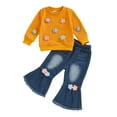 thumbnail image 1 of Loicainy Toddler Baby Girl Spring Fall Outfits 6 12 18 24 Months 2T 3T 4T Decorative Flowers Crew Neck Long Sleeve Sweatshirt and Flared Jeans 2 Pcs Kids Clothes Set, 1 of 9