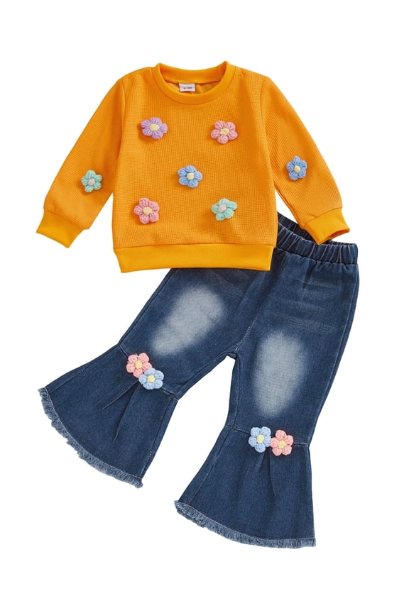 Toddler Baby Girl Spring Fall Outfits 6 12 18 24 Months 2T 3T 4T Decorative Flowers Crew Neck Long Sleeve Sweatshirt and Flared Jeans 2 Pcs Kids Clothes Set