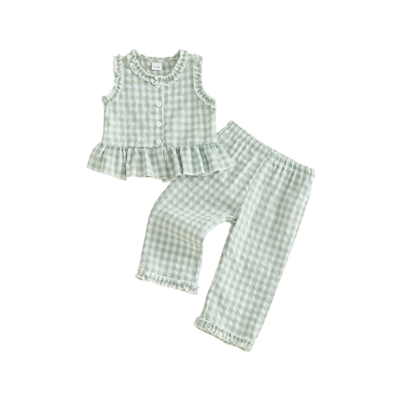 Loicainy Toddler Baby Girl Summer Clothes 6 12 18 24 Months 2T 3T 4T Cute Plaid Button Down Ruffle Tank Tops with Pants 2Pcs Outfits Set