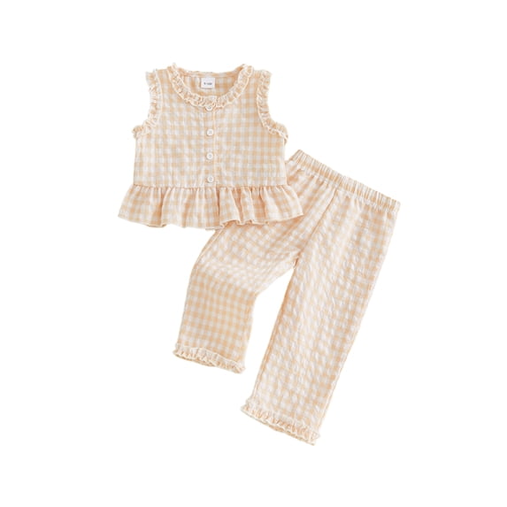 Loicainy Toddler Baby Girl Summer Clothes 6 12 18 24 Months 2T 3T 4T Cute Plaid Button Down Ruffle Tank Tops with Pants 2Pcs Outfits Set