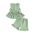 thumbnail image 1 of Loicainy Toddler Baby Girl Summer Clothes Set 6 12 18 24 Months 2T 3T 4T 5T Solid Color Bow Round Neck Tank Tops + Elastic Waist Ruffled Shorts 2 Pcs Outfits, 1 of 10