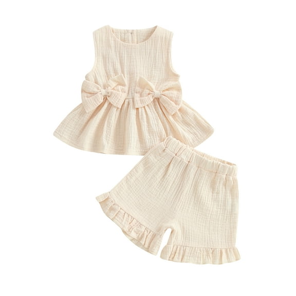 Loicainy Toddler Baby Girl Summer Clothes Set 6 12 18 24 Months 2T 3T 4T 5T Solid Color Bow Round Neck Tank Tops   Elastic Waist Ruffled Shorts 2 Pcs Outfits