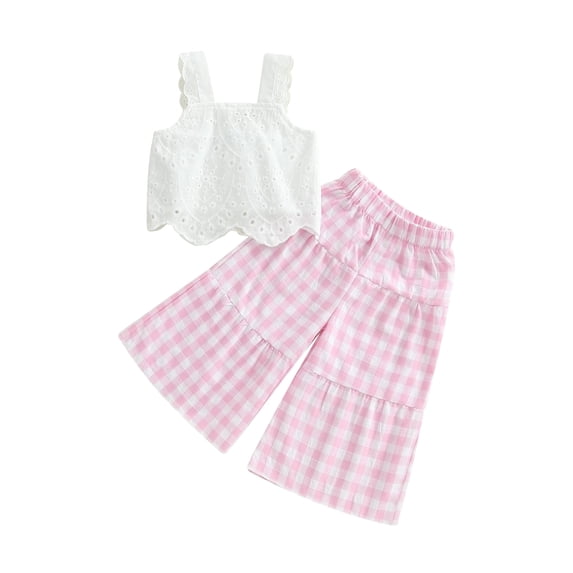 Loicainy Toddler Baby Girl Summer Clothes Set 6 12 18 24 Months 2T 3T 4T Eyelet Embroidery Cami Tops + Elastic Waist Plaid Print Wide Leg Pants 2 Pcs Outfits