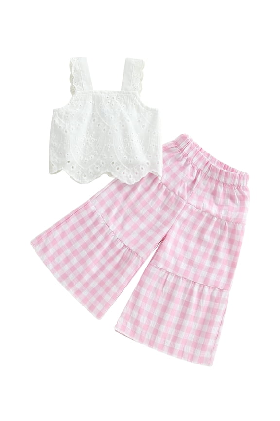 Toddler Baby Girl Summer Clothes Set 6 12 18 24 Months 2T 3T 4T Eyelet Embroidery Cami Tops + Elastic Waist Plaid Print Wide Leg Pants 2 Pcs Outfits
