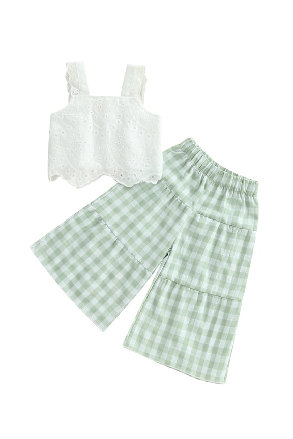 Toddler Baby Girl Summer Clothes Set 6 12 18 24 Months 2T 3T 4T Eyelet Embroidery Cami Tops + Elastic Waist Plaid Print Wide Leg Pants 2 Pcs Outfits
