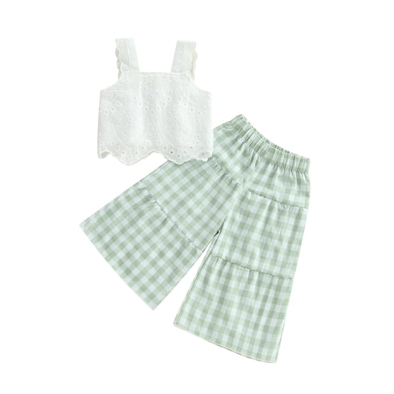 Loicainy Toddler Baby Girl Summer Clothes Set 6 12 18 24 Months 2T 3T 4T Eyelet Embroidery Cami Tops Elastic Waist Plaid Print Wide Leg Pants 2 Pcs Outfits