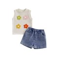 thumbnail image 1 of Loicainy Toddler Baby Girl Summer Outfit 6 12 18 24 Months 2T 3T 4T Decorative Flower Crew Neck Sleeveless Tops and Denim Shorts 2 Pcs Clothes Set, 1 of 9