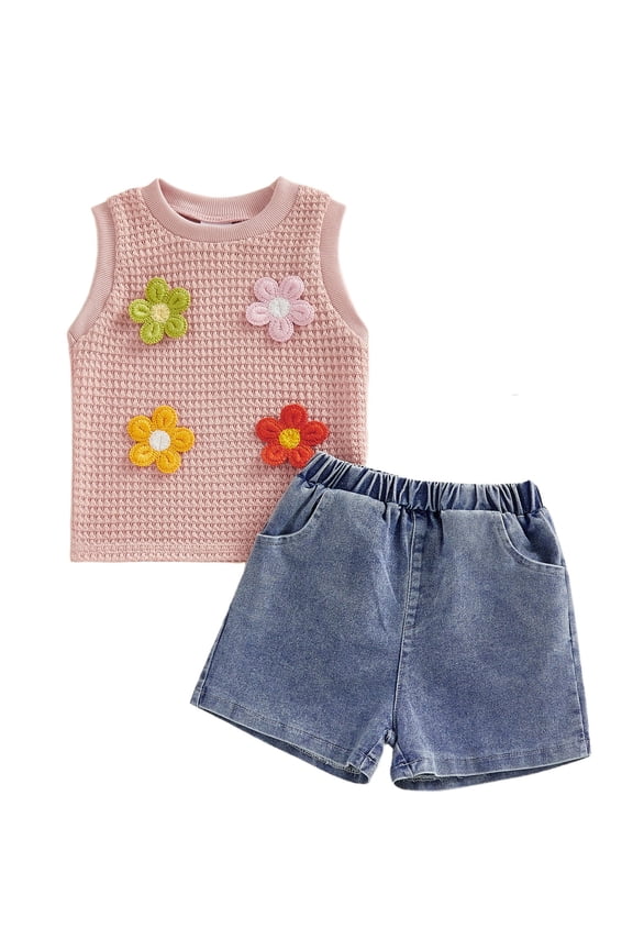 Toddler Baby Girl Summer Outfit 6 12 18 24 Months 2T 3T 4T Decorative Flower Crew Neck Sleeveless Tops and Denim Shorts 2 Pcs Clothes Set