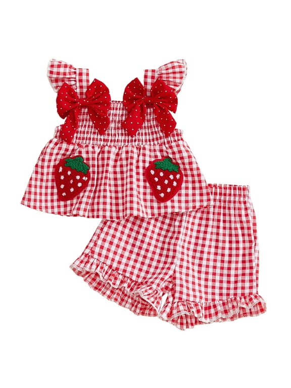 Toddler Baby Girl Summer Outfit 6 9 12 18 24 Months 2T 3T Strawberry Embroidered Plaid Bows Ruffled Trim Tank Tops and Shorts 2 Pcs Clothes Set