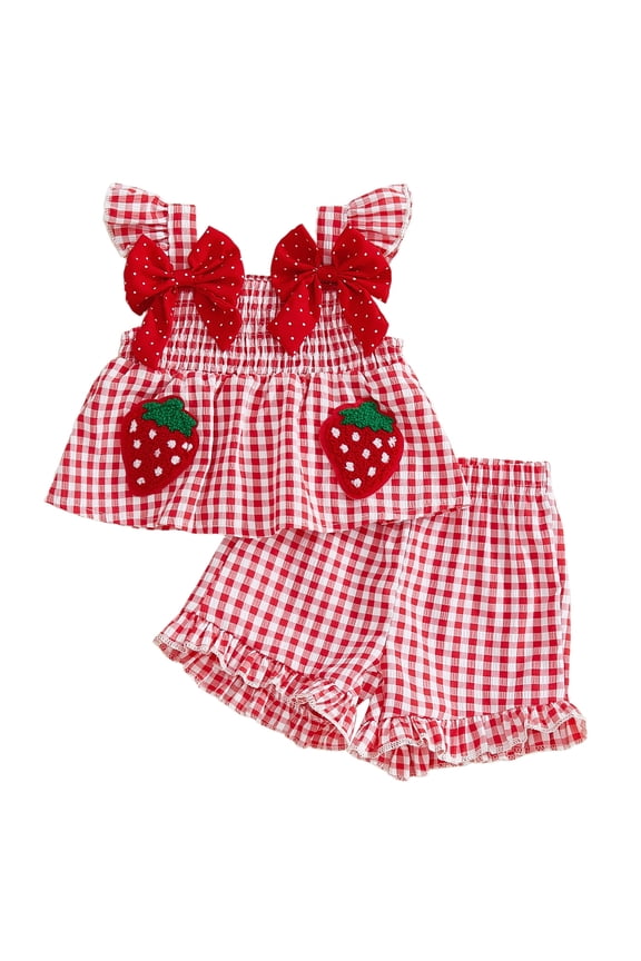 Toddler Baby Girl Summer Outfit 6 9 12 18 24 Months 2T 3T Strawberry Embroidered Plaid Bows Ruffled Trim Tank Tops and Shorts 2 Pcs Clothes Set