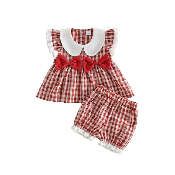 Loicainy Toddler Baby Girl Summer Outfits 6 12 18 24 Months 2T 3T 4T 5T Plaid Bows Ruffled Trim Doll Collar Sleeveless Tops and Shorts 2 Pcs Clothes Set