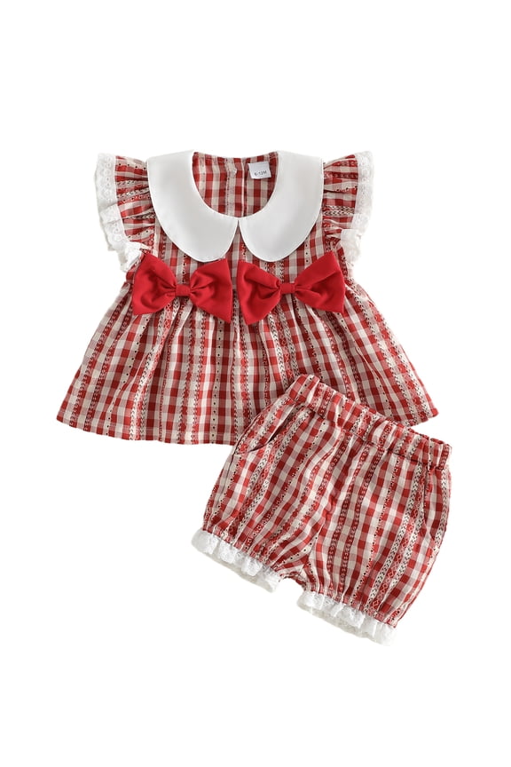 Toddler Baby Girl Summer Outfits 6 12 18 24 Months 2T 3T 4T 5T Plaid Bows Ruffled Trim Doll Collar Sleeveless Tops and Shorts 2 Pcs Clothes Set