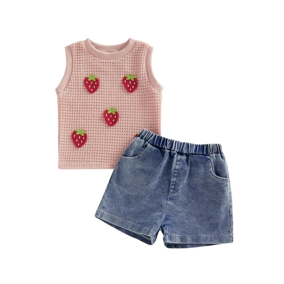Loicainy Toddler Baby Girl Summer Shorts Outfits Set 6 12 18 24 Months 2T 3T 4T 3D Knit Strawberry Tank Tops and Denim Shorts 2 Piece Clothes Sets