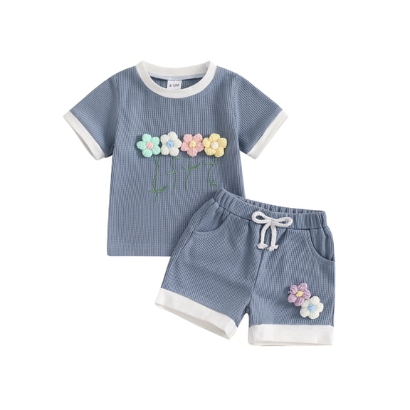 Loicainy Toddler Baby Girl Summer Waffled Clothes Set 9 12 18 24 Months 2T 3T 4T 3D Flower Short Sleeve Round Neck Tops Elastic Waist Shorts Outfit