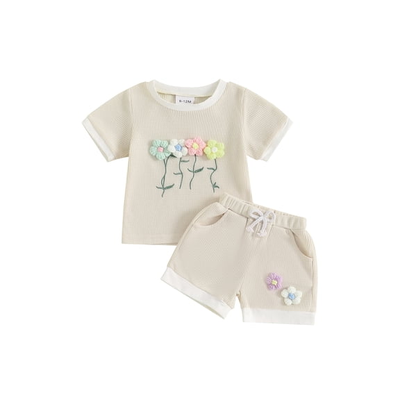 Loicainy Toddler Baby Girl Summer Waffled Clothes Set 9 12 18 24 Months 2T 3T 4T 3D Flower Short Sleeve Round Neck Tops Elastic Waist Shorts Outfit