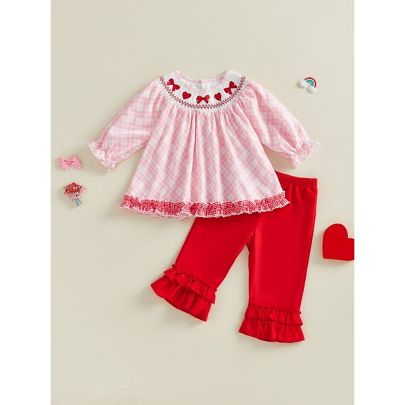 Loicainy Toddler Baby Girl Valentine's Day 2 Piece Outfits 6 12 18 24 Months 2T 3T Heart Bow Embroidery Long Sleeve Crew Neck Tops and Elastic Waist Pants Set