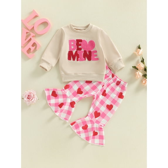 Loicainy Toddler Baby Girl Valentine's Day Outfits 3 6 12 18 24 Months 2T 3T Letter Embroidery Long Sleeve Round Neck Pullover + Plaid Flare Pants 2 Pcs Clothes Set