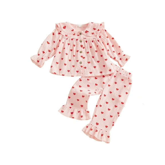 Loicainy Toddler Baby Girl Valentine's Day Outfits 6 12 18 24 Months 2T 3T 4T Heart Print Long Sleeve Doll Collar Button Down Tops and Elastic Waist Pants Clothes Set