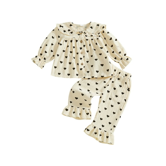 Loicainy Toddler Baby Girl Valentine's Day Outfits 6 12 18 24 Months 2T 3T 4T Heart Print Long Sleeve Doll Collar Button Down Tops and Elastic Waist Pants Clothes Set
