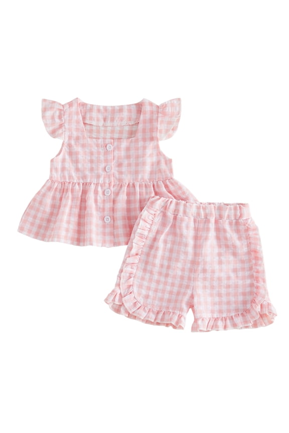 Toddler Baby Girls 2Pcs Plaid Outfits 6 12 18 24 Months 2T 3T 4T Flying Sleeve Square Neck Tops and Elastic Waist Shorts Summer Clothes Set