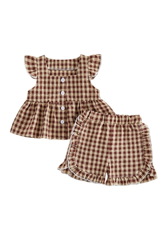 Toddler Baby Girls 2Pcs Plaid Outfits 6 12 18 24 Months 2T 3T 4T Flying Sleeve Square Neck Tops and Elastic Waist Shorts Summer Clothes Set