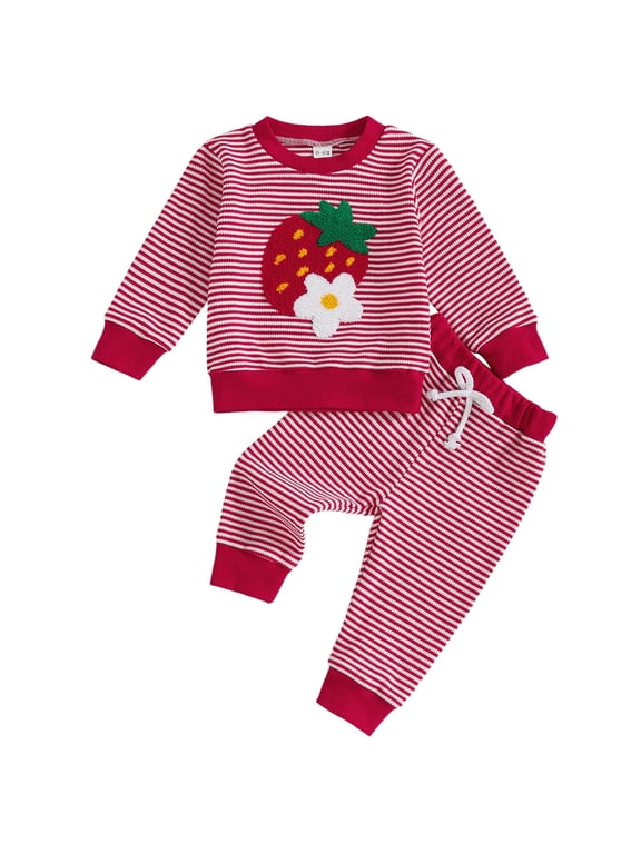 Toddler Baby Girls Autumn Pants Outfits Sets 6 12 18 24 Months 2T 3T Strawberry Embroidery Long Sleeve Tops Striped Pants Clothes Set