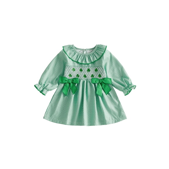 Loicainy Toddler Baby Girls Dress for St Patrick's Day 6 12 18 24 Months 2T 3T 4T Puff Long Sleeve Crew Neck Shamrock Embroidery Smocked Bow Decor A Line Spring Dresses