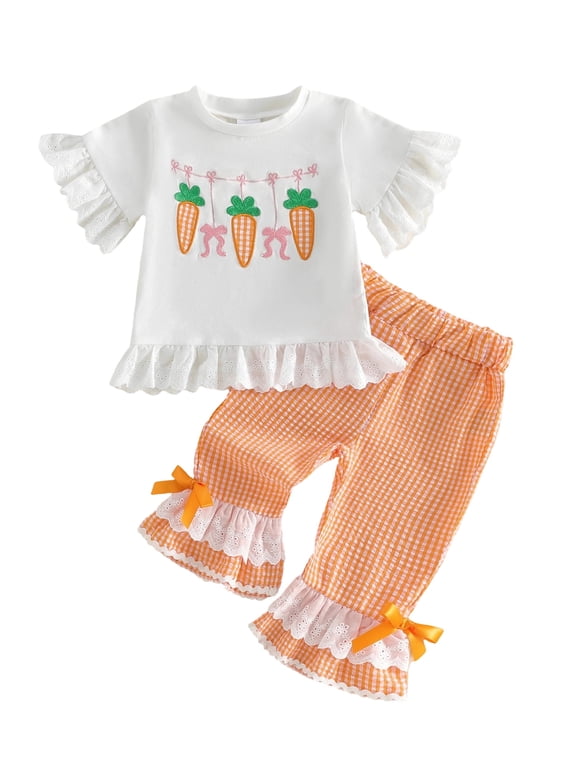 Toddler Baby Girls Easter Outfit 12 18 24 Months 2T 3T 4T 5T Cute Carrot Embroidery Short Sleeve Tops with Plaid Pants 2Pcs Clothing Set