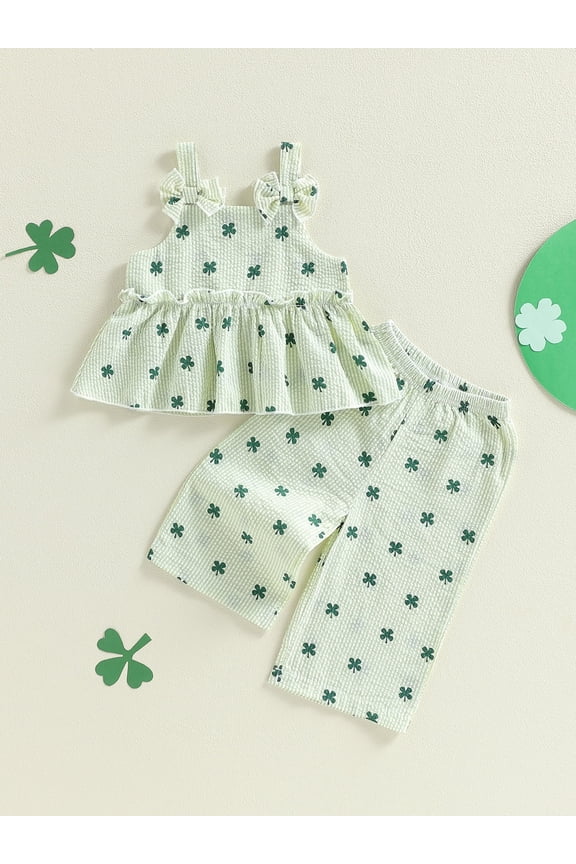 Toddler Baby Girls Irish Outfits 6 12 18 24 Months 2T 3T 4T Sleeveless Square Neck Clover Print Bow Decor Vest Tops and Elastic Waist Pants Set