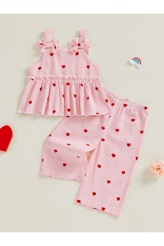 Toddler Baby Girls Outfit for Valentines Day 6 12 18 24 Months 2T 3T 4T Striped Heart Sleeveless Camisole with Trousers Summer Clothes Set