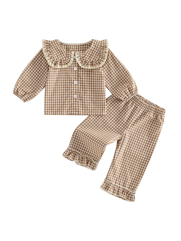 Toddler Baby Girls Plaid Outfit 6 12 18 24 Months 2T 3T 4T 5T Long Sleeve Button Down Tops with Ruffle Pants 2Pcs Clothes Set
