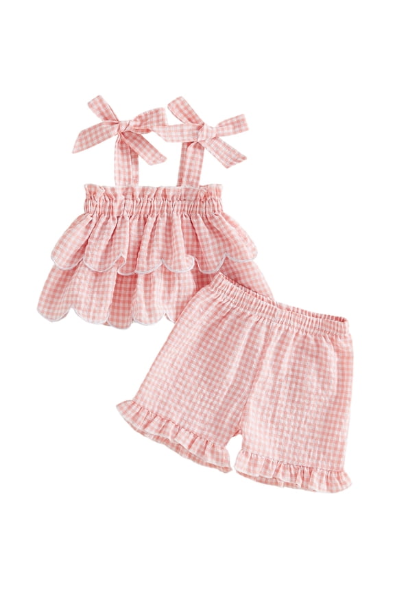 Toddler Baby Girls Plaid Summer Outfits 6 12 18 24 Months 2T 3T 4T Sleeveless Square Neck Layered Ruffle Hem Vest and Elastic Waist Shorts Clothes Set
