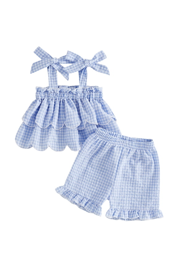 Toddler Baby Girls Plaid Summer Outfits 6 12 18 24 Months 2T 3T 4T Sleeveless Square Neck Layered Ruffle Hem Vest and Elastic Waist Shorts Clothes Set