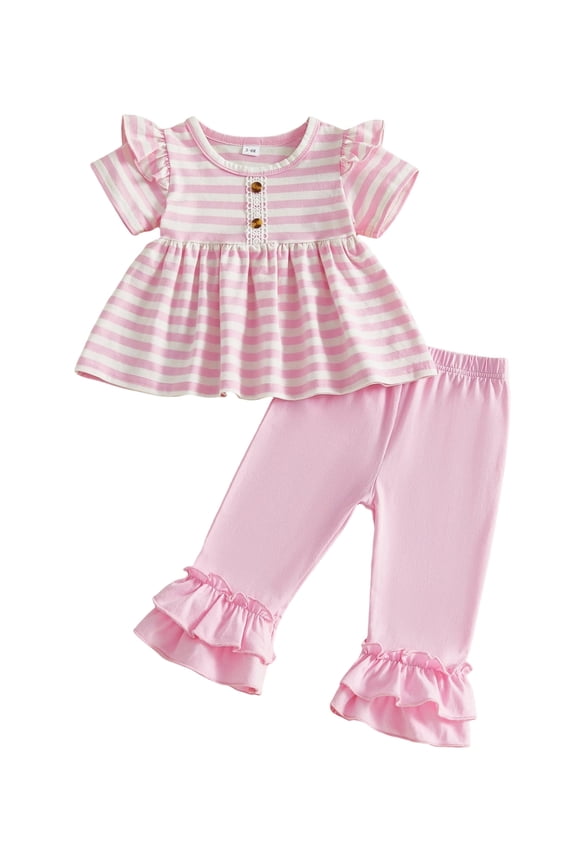 Toddler Baby Girls Summer Outfits 6 12 18 24 Months 2T 3T 4T Ruffle Short Sleeve Crew Neck Striped Babydoll Tops and Elastic Waist Pants Clothes Set