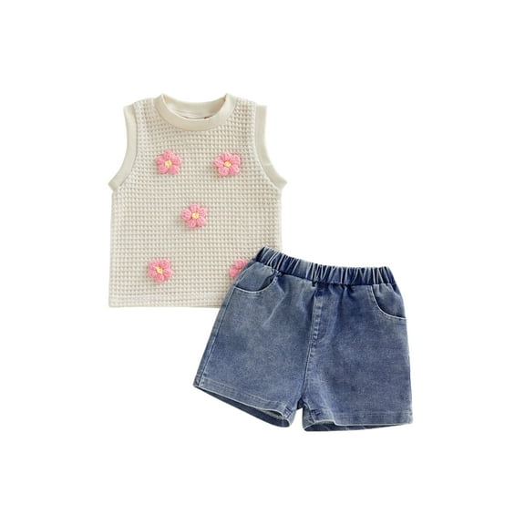 Loicainy Toddler Baby Girls Summer Outfits 6 12 18 24 Months 2T 3T 4T Sleeveless O Neck 3D Flower Tank Tops Denim Shorts Clothes Sets