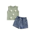 thumbnail image 1 of Loicainy Toddler Baby Girls Summer Outfits 6 12 18 24 Months 2T 3T 4T Sleeveless O Neck 3D Flower Tank Tops Denim Shorts Clothes Sets, 1 of 10