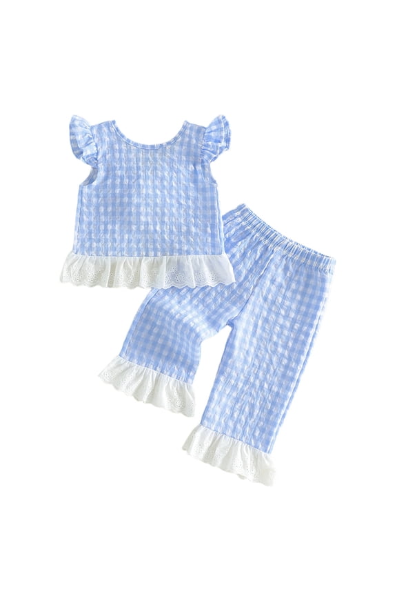 Toddler Baby Girls Summer Outfits 6 12 18 24 Months 2T 3T Flying Sleeve Crew Neck Plaid Print Vest Tops and Elastic Waist Pants Clothes Set