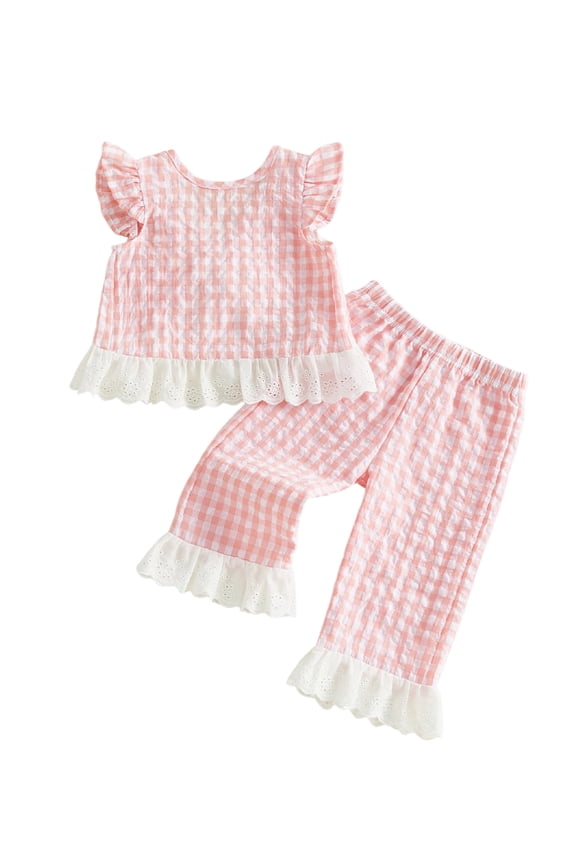 Toddler Baby Girls Summer Outfits 6 12 18 24 Months 2T 3T Flying Sleeve Crew Neck Plaid Print Vest Tops and Elastic Waist Pants Clothes Set