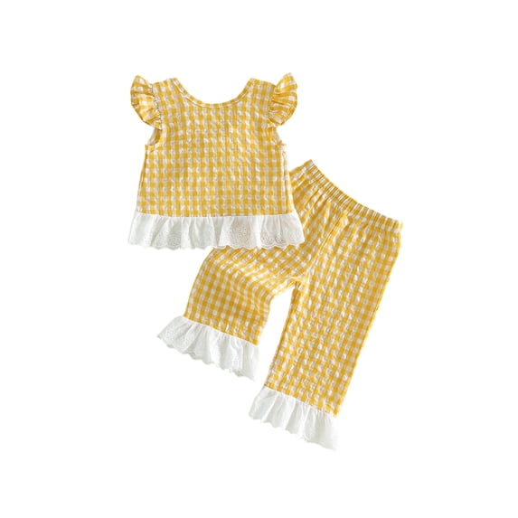 Loicainy Toddler Baby Girls Summer Outfits 6 12 18 24 Months 2T 3T Flying Sleeve Crew Neck Plaid Print Vest Tops and Elastic Waist Pants Clothes Set