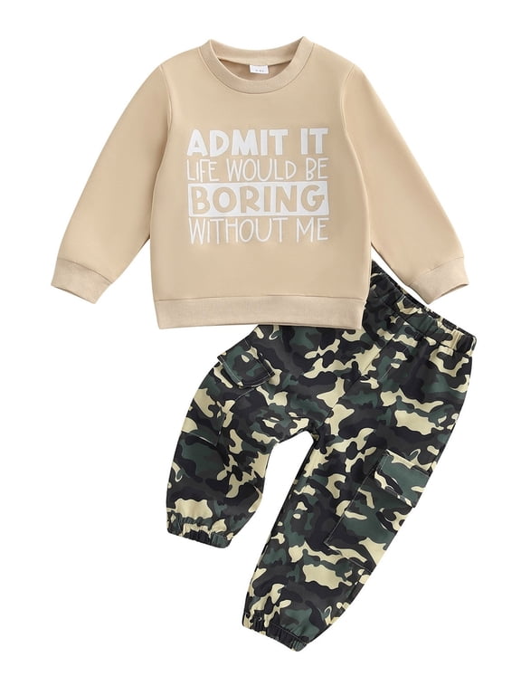 Toddler Kids Boy Camouflage Outfit 12 18 24 Months 2T 3T 4T 5T 6T Letter Print Long Sleeve Sweatshirt Cargo Pants 2 Piece Clothes Set