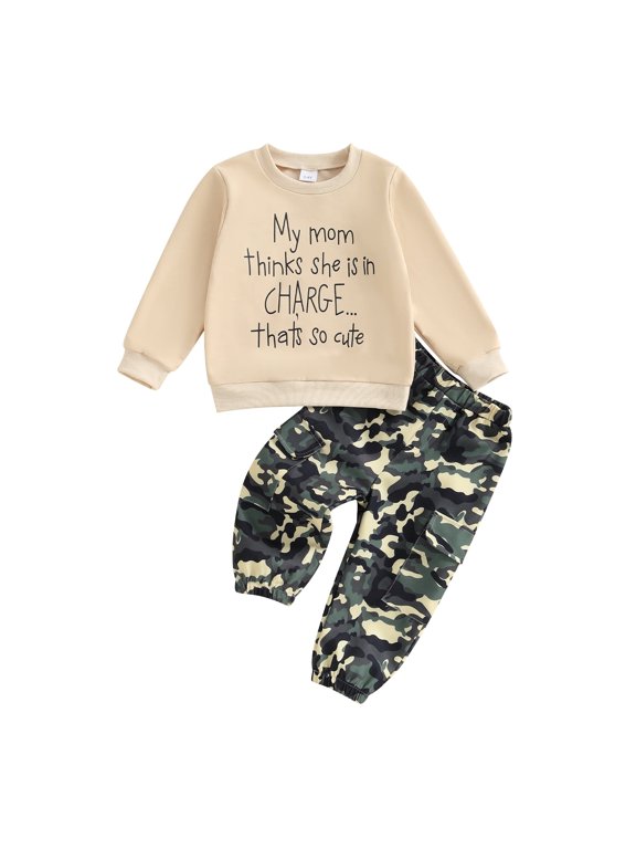 Toddler Kids Boy Camouflage Outfit 12 18 24 Months 2T 3T 4T 5T 6T Letter Print Long Sleeve Sweatshirt Cargo Pants 2 Piece Clothes Set