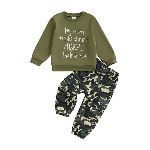 Loicainy Toddler Kids Boy Camouflage Outfit 12 18 24 Months 2T 3T 4T 5T 6T Letter Print Long Sleeve Sweatshirt Cargo Pants 2 Piece Clothes Set