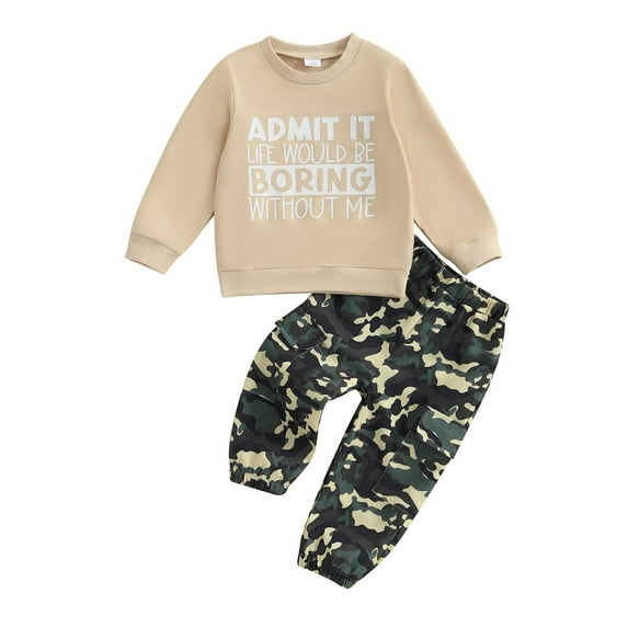 Loicainy Toddler Kids Boy Camouflage Outfit 12 18 24 Months 2T 3T 4T 5T 6T Letter Print Long Sleeve Sweatshirt Cargo Pants 2 Piece Clothes Set