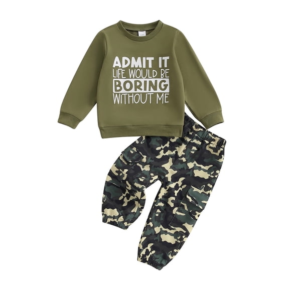 Loicainy Toddler Kids Boy Camouflage Outfit 12 18 24 Months 2T 3T 4T 5T 6T Letter Print Long Sleeve Sweatshirt Cargo Pants 2 Piece Clothes Set