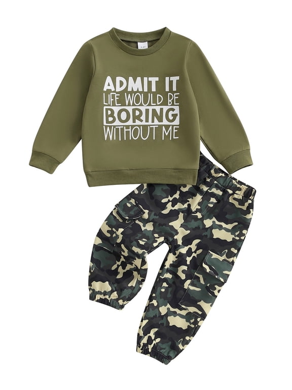 Toddler Kids Boy Camouflage Outfit 12 18 24 Months 2T 3T 4T 5T 6T Letter Print Long Sleeve Sweatshirt Cargo Pants 2 Piece Clothes Set