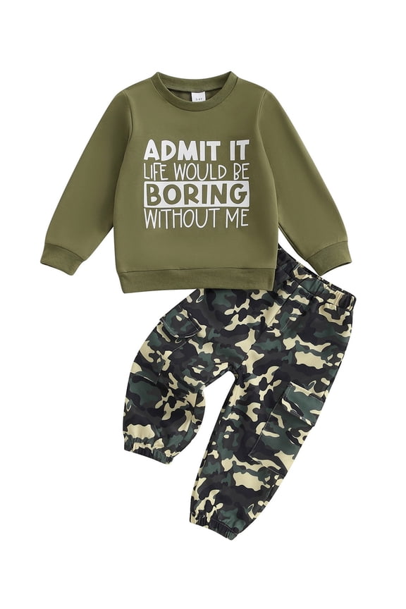 Toddler Kids Boy Camouflage Outfit 12 18 24 Months 2T 3T 4T 5T 6T Letter Print Long Sleeve Sweatshirt Cargo Pants 2 Piece Clothes Set