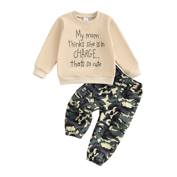 Loicainy Toddler Kids Boy Camouflage Outfit 12 18 24 Months 2T 3T 4T 5T 6T Letter Print Long Sleeve Sweatshirt Cargo Pants 2 Piece Clothes Set